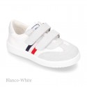 Combined canvas suede leather kids tennis shoes with hook and loop strap .