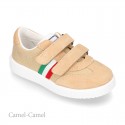 Combined canvas suede leather kids tennis shoes with hook and loop strap .