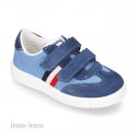 Combined canvas suede leather kids tennis shoes with hook and loop strap .