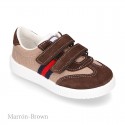 Combined canvas suede leather kids tennis shoes with hook and loop strap .