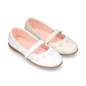 CEREMONY Nappa leather Mary Jane shoes with flowers embroidery design and velcro strap.