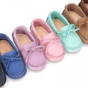 Nobuck leather Moccasin shoes with bows for little kids.