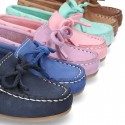 Nobuck leather Moccasin shoes with bows for little kids.