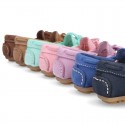 Nobuck leather Moccasin shoes with bows for little kids.