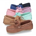 Nobuck leather Moccasin shoes with bows for little kids.