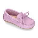 Nobuck leather Moccasin shoes with bows for little kids.