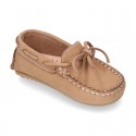 Nobuck leather Moccasin shoes with bows for little kids.