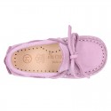 Nobuck leather Moccasin shoes with bows for little kids.