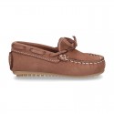Nobuck leather Moccasin shoes with bows for little kids.