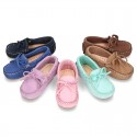 Nobuck leather Moccasin shoes with bows for little kids.
