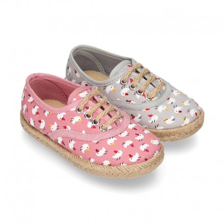 CHICKS print canvas little laces-up shoes espadrille style for kids.