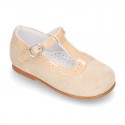 Suede leather T-Strap Little Mary Jane shoes with patent leather.