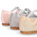 Suede leather T-Strap Little Mary Jane shoes with patent leather.