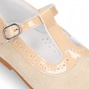 Suede leather T-Strap Little Mary Jane shoes with patent leather.