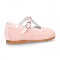 Suede leather T-Strap Little Mary Jane shoes with patent leather.
