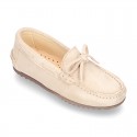 Suede leather Moccasin shoes with bows for toddler kids.