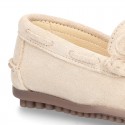 Suede leather Moccasin shoes with bows for toddler kids.