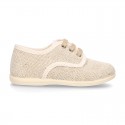 Little LINEN canvas Laces up shoes in NATURAL color.