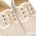 Little LINEN canvas Laces up shoes in NATURAL color.