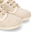 Little LINEN canvas Laces up shoes in NATURAL color.