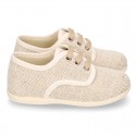 Little LINEN canvas Laces up shoes in NATURAL color.