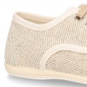 Little LINEN canvas Laces up shoes in NATURAL color.