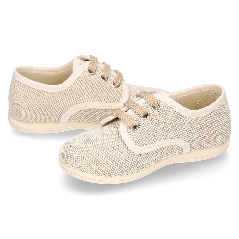 Little LINEN canvas Laces up shoes in NATURAL color. VP027 | OkaaSpain