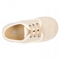 Little LINEN canvas Laces up shoes in NATURAL color.