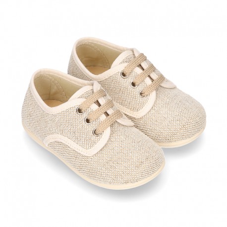 Little LINEN canvas Laces up shoes in NATURAL color.