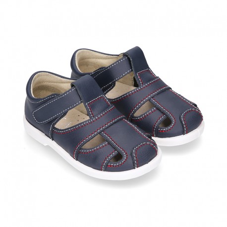 New Washable leather sandal shoes with velcro strap and toe cap design.