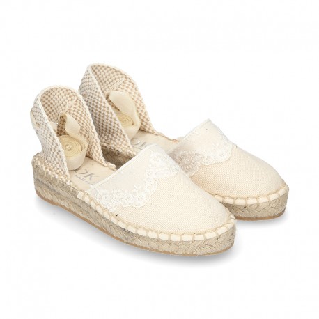 Cotton Canvas CEREMONY espadrille shoes with ties and lace design.