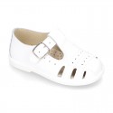 New Little Washable leather sandal shoes T-strap style with buckle fastening and perforated design.