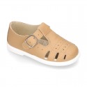 New Little Washable leather sandal shoes T-strap style with buckle fastening and perforated design.