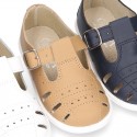 New Little Washable leather sandal shoes T-strap style with buckle fastening and perforated design.