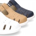 New Little Washable leather sandal shoes T-strap style with buckle fastening and perforated design.