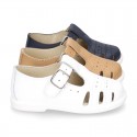 New Little Washable leather sandal shoes T-strap style with buckle fastening and perforated design.
