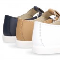 New Little Washable leather sandal shoes T-strap style with buckle fastening and perforated design.