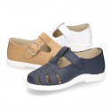 New Little Washable leather sandal shoes T-strap style with buckle fastening and perforated design.