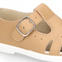 New Little Washable leather sandal shoes T-strap style with buckle fastening and perforated design.