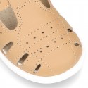 New Little Washable leather sandal shoes T-strap style with buckle fastening and perforated design.