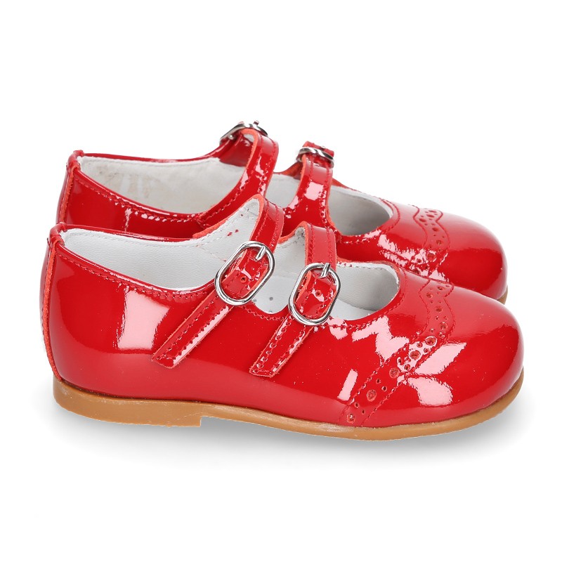 Classic little Mary Jane shoes in RED patent leather with double buckle ...