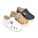 New Little Washable leather sandal shoes T-strap style with buckle fastening and perforated design.