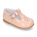 Little T-Strap shoes with perforated design in patent leather in pastel colors.