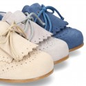 Suede leather laces up shoes with tongue and fringed design for SPRING season.