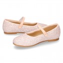 NUDE GLITTER classic Mary Jane shoes with velcro strap and button.