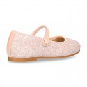 NUDE GLITTER classic Mary Jane shoes with velcro strap and button.
