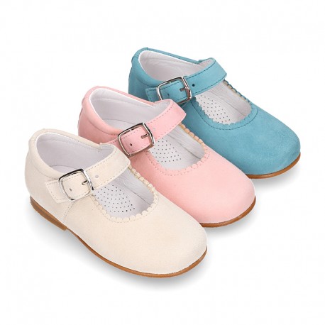 Classic SOFT SUEDE leather little Mary Janes with buckle fastening in pastel colors.