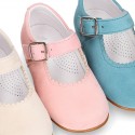 Classic SOFT SUEDE leather little Mary Janes with buckle fastening in pastel colors.