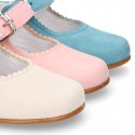 Classic SOFT SUEDE leather little Mary Janes with buckle fastening in pastel colors.