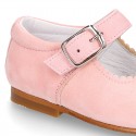 Classic SOFT SUEDE leather little Mary Janes with buckle fastening in pastel colors.